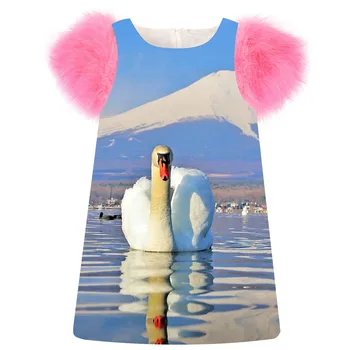 

Girls Dress fashion printing swan Spring/Autumn faux fur sleeve girls dress Children Clothing