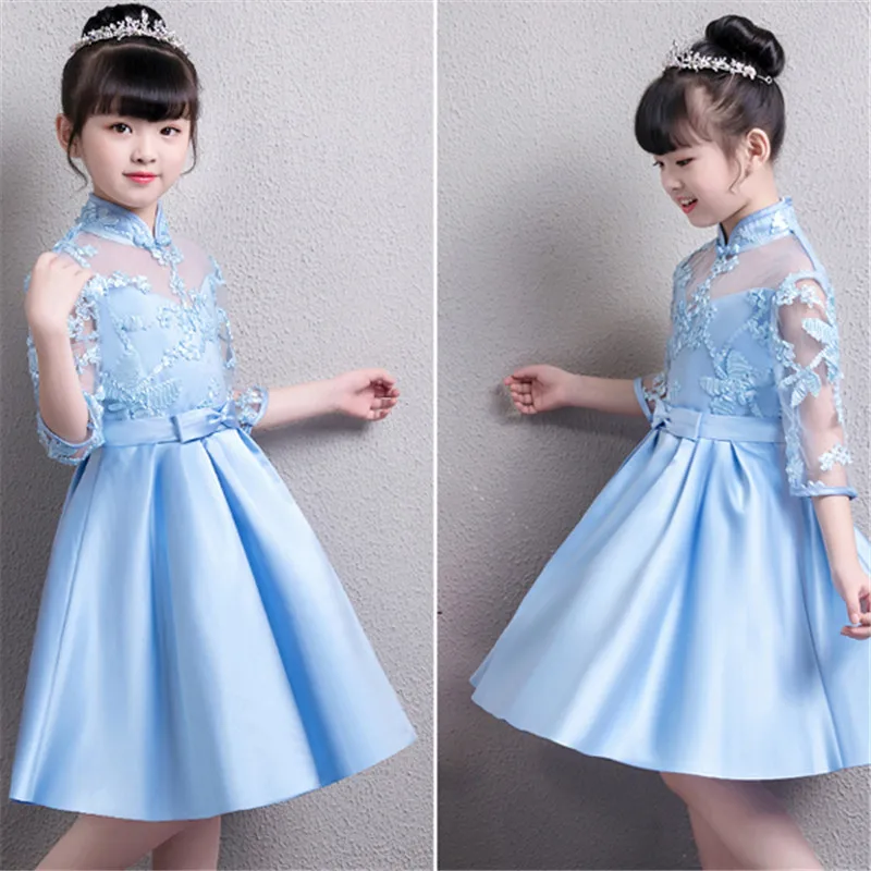 

2018 Autumn New Children Girls Sweet Blue Color Birthday Evening Party Prom Dress Kids Babies Host Piano Pageant Short Dress