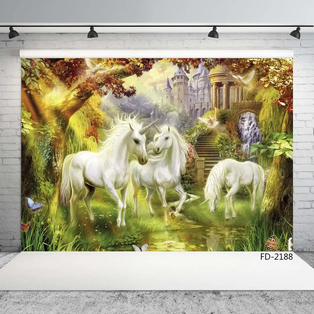 

Unicorn Tree Castles Chlidren Baby Shower Vinyl Cloth Photo Backgrounds Party Photography Backdrops Photocall for Photo Studio