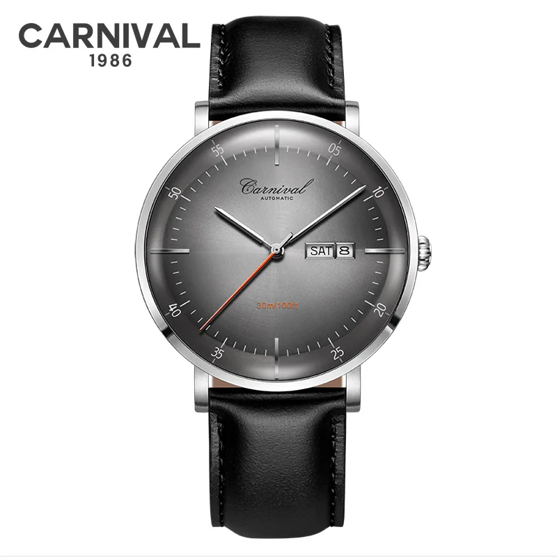 

Fashion Ultra thin Mechanical Watch Men CARNIVAL Automatic Watch Self Wind MIYOTA Movement Leather Band Calendar Week Sapphire