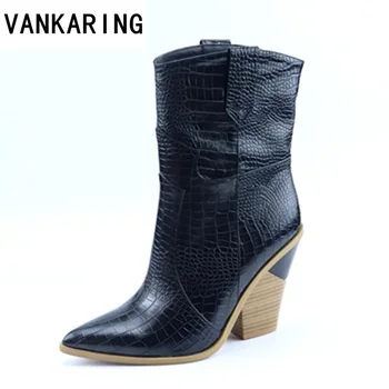 

fashion embossed PU leather shoes ankle boots for women pointed toe western cowboy boots women high heels wedges runway boots