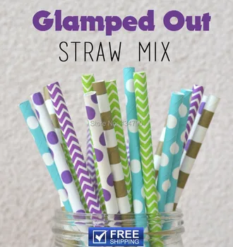 

200pcs Mixed 4 Designs Glamped Out Paper Drinking Straws, Gold,Purple, Deep Purple, Lime Green Chevron, Polka Dot, Sailor Stripe