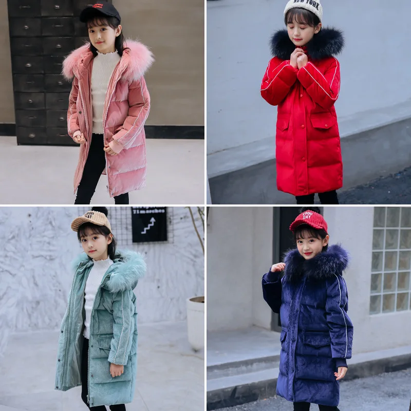 Пуховые куртки для девочек для русской зимы детская длинная куртка с меховым капюшоном для девочек детская утепленная теплая верхняя одежда, пальто