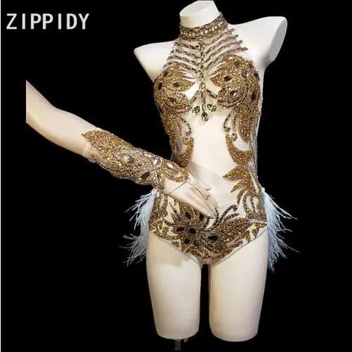 

Fashion Shining Rhinestones Halter See Through Mesh Feather Tail Outfit Celebrate Nightclub Singer Dance Outfit