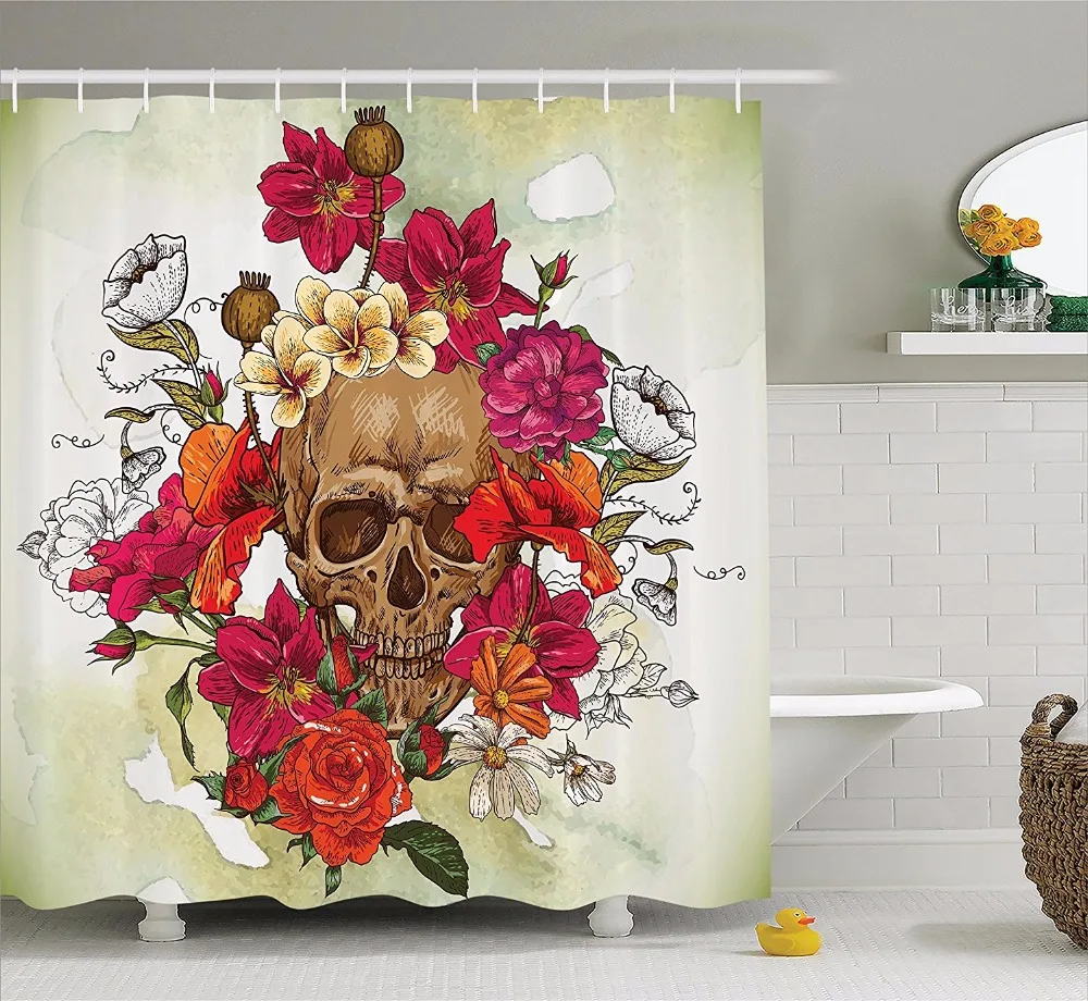 High Quality Arts Shower Curtains Skull Head Series Pink Flower Red