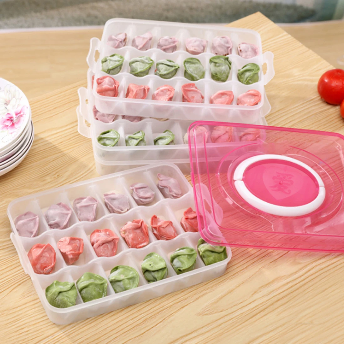 

Four Layers Frozen Dumplings Storage Box Crisper Kitchen Dumpling Grid Tray Plastic Food Storage Box - Color Random
