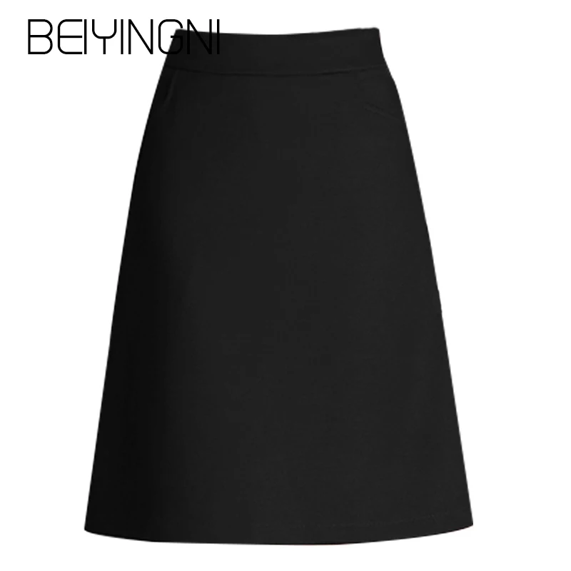 Beiyingni Formal Skirts Women Office Lady Pockets Korean Style High Waist A Line Skirt Plus Size Work Wear OL Slim Saia Feminina Beiyingni Formal Skirts Women Office Lady Pockets Korean Style High Waist A Line Skirt Plus Size Work Wear OL Slim Saia Feminina