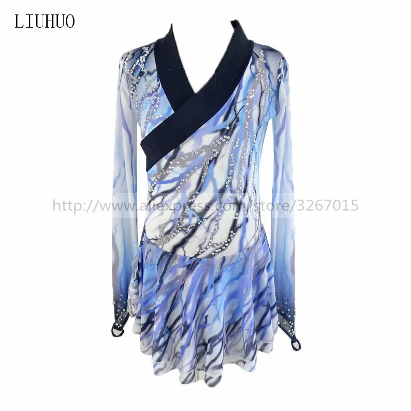 

Figure Skating Dress Customized Competition Ice Skating Skirt for Girl Women Blue gray stripe pattern Sparkling rhinestones