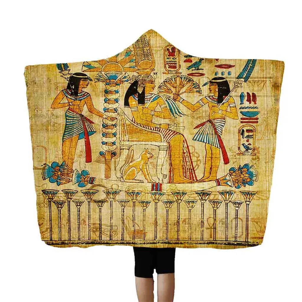 

3D Printed Ancient Egyptian Pharaoh Hoodie Blanket Hooded Napping Blanket Travel Airplane Sofa Bed Throw Blanket
