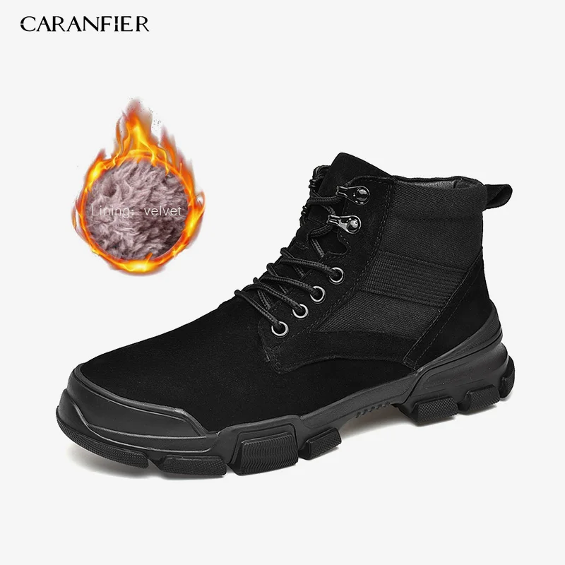 Черный CARANFIER/мужские короткие ботинки; зимняя теплая Повседневная обувь из искусственной кожи с бархатом; удобные дышащие ботильоны на шнуровке с круглым носком - Цвет: Черный