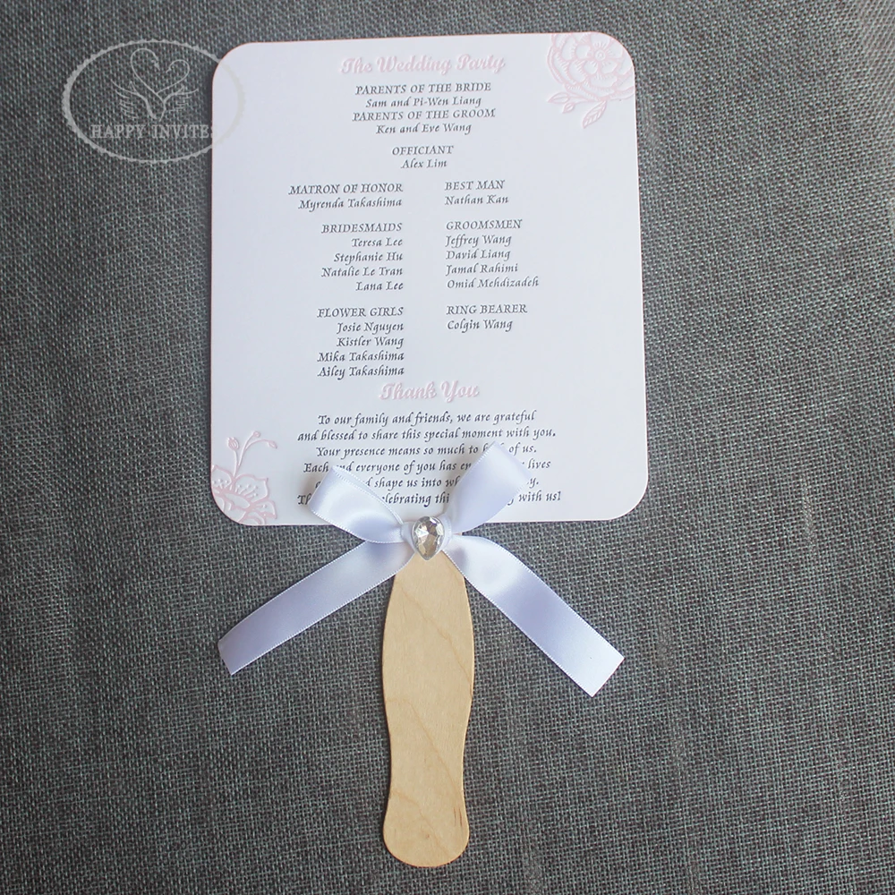 HI9035-01 Custom Elegant White Wedding Program Fan with Black & Pink Foil Letterpress Made in China