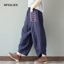 Celana wanita Musim Panas Katun Linen Longgar Celana Wanita Lebar Kaki Celana Elastis Pinggang Vintage Womens Kasual Longgar Celana Harem