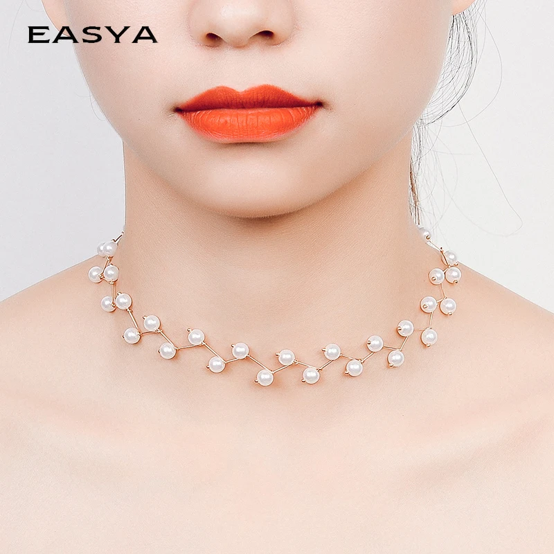 

EASYA Black White Handmade Simulated Pearl Choker Necklace Women Girls Fashion Necklace Collares Jewelry Bijoux Femme