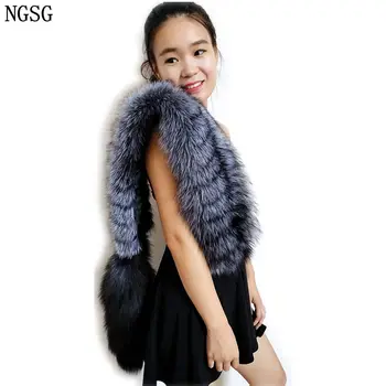 

NGSG Genuine Silver Fox Fur Scarves stoles Shawl Europe Winter Fashion Removable Custom Striped Real Grey Fox Tail Scarf Female