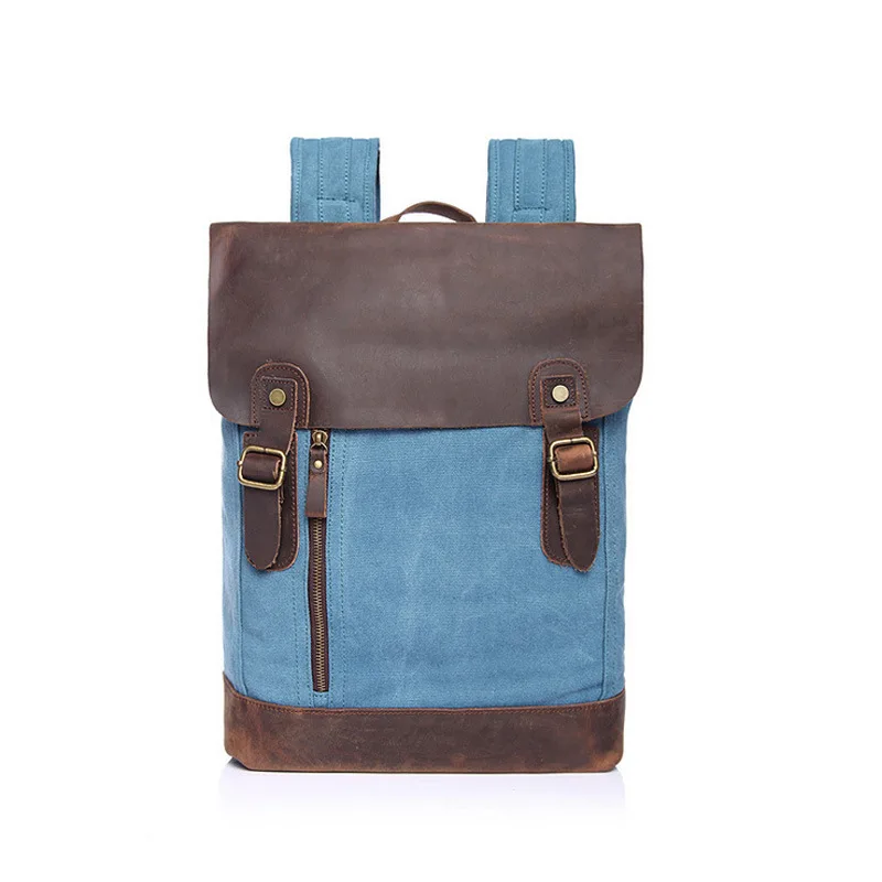 

2018 High Quality Blue Women Canvas School Leather Vintage Men Casual Canvas Leather Backpack For Teenagers YD