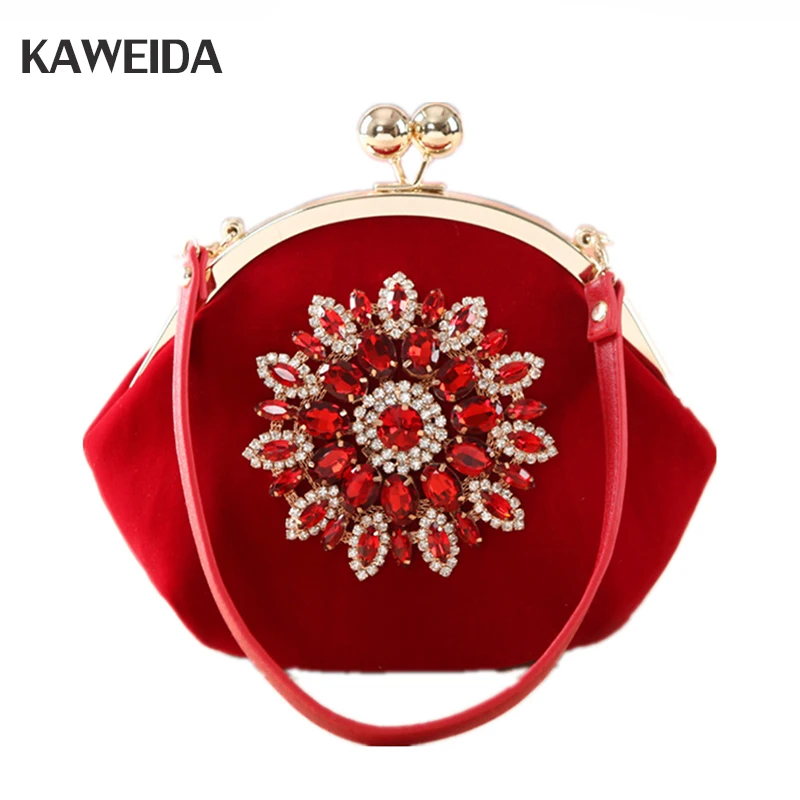 

Flower Rhinestones Women Handbag Red Purple Black Evening Clutches Bags Shoulder Bag Bride Party Hand Bag Chain Shoulder Bag