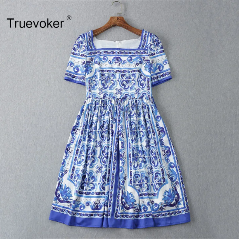 Truevoker дизайнерское платье женские с коротким рукавом квадратный воротник винтажное белое синее фарфоровое шелковое платье до колена с принтом