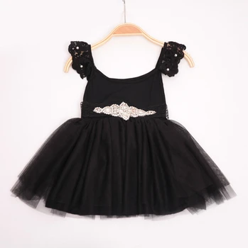 

New Girls Baby Cotton Lace Beading Sleeve Dress With Shine Belt , Princess Black Dress 5 pcs/lot, Wholesale