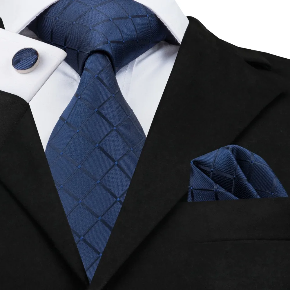 Business Classic Blue Black Striped Solid Neck Tie for Men 3.4" Brand Necktie Pocket Square Cufflinks Wedding Party Silk Tie Set