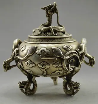 

Collectible Decorated Old Handwork Tibet Silver Carved 6 Dragon Incense Burner