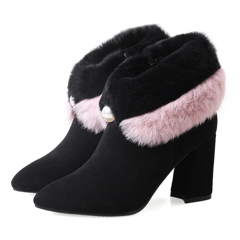FACNDINLL/обувь из натуральной кожи на меху женские зимние ботильоны модная обувь на высоком каблуке с острым носком женские ботильоны