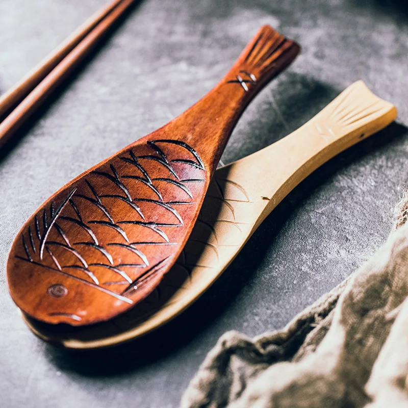 Kitchen Wooden Rice Serving Spoon Wood Rice Paddle Spatula Cute Fish Rice Spoon Scoop Potato Meal Server Cooking Tools (1)