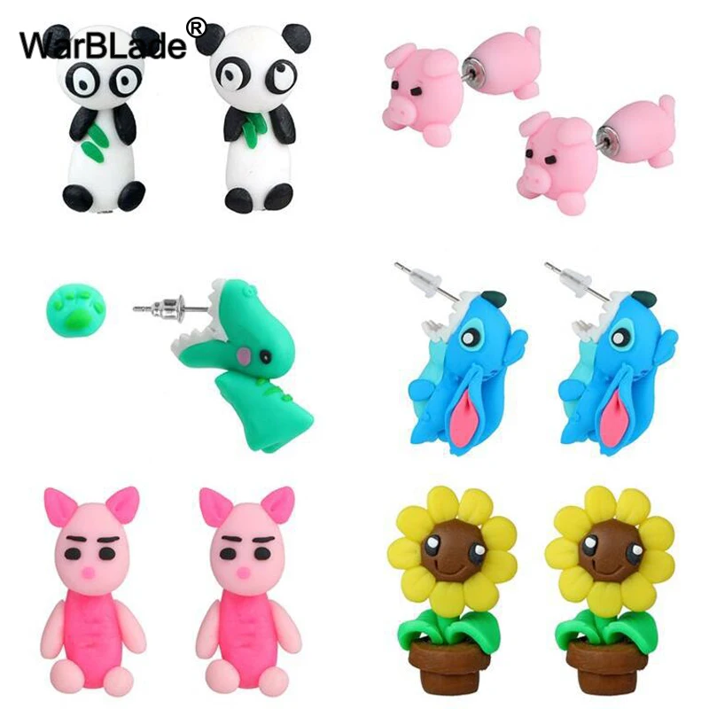 

WarBLade Fashion 3D Animal Dog Stud Earrings Fashion 100% Handmade Polymer Panda Pig Flower Dinosaur Earring For Women Jewelry