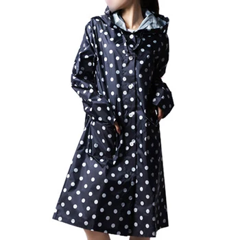 

Outdoor Women Waterproof Riding Clothes Raincoat Poncho Pocket Polka Dot Hooded Knee Long Rainwear Nylon Navy Blue