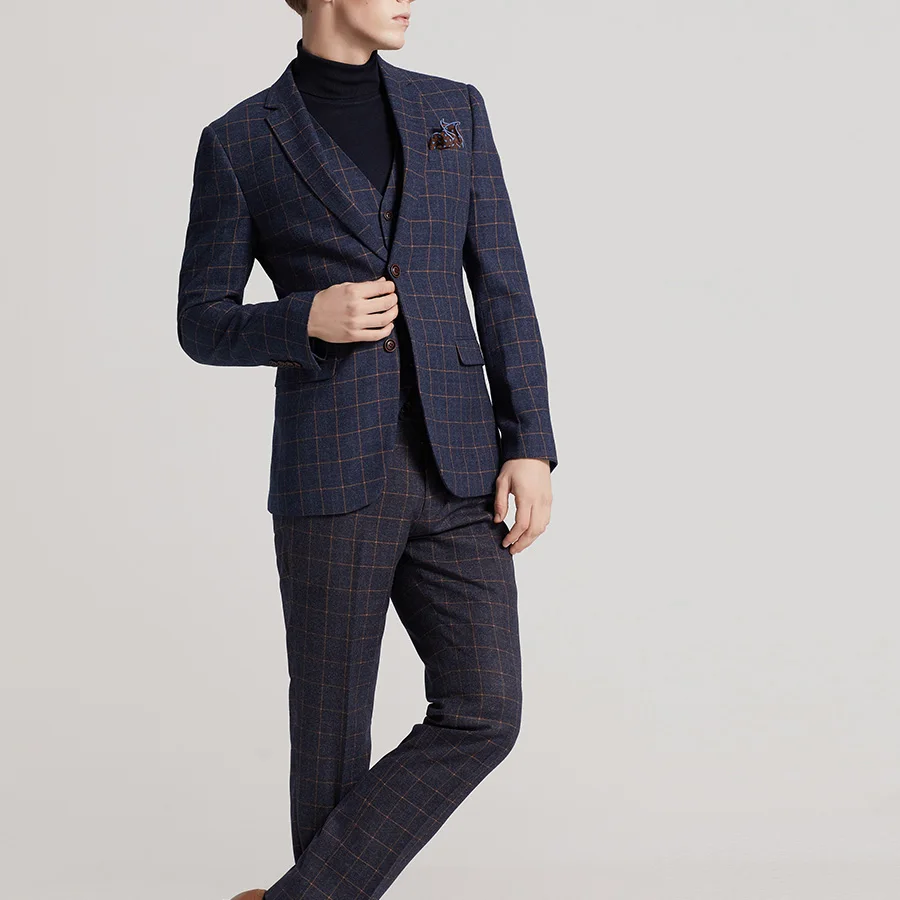 Fashion Plaid Business Suit Groom Tuxedos Wedding Suit Blazer Men 3Pcs (Jacket+Vest+Pants) Single Breasted Suit Men 2019