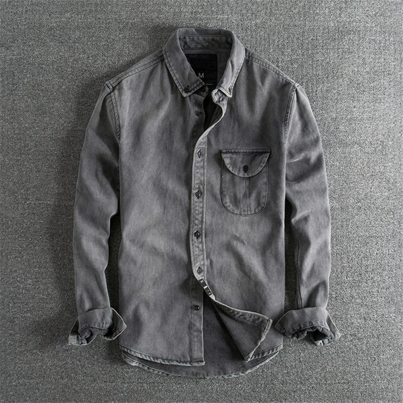 Японская джинсовая рубашка Харадзюку в краску для мужчин, уличная одежда для мальчиков, Ретро стиль, винтажные рубашки с длинным рукавом размера плюс S-XL