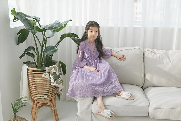 Длинное фиолетовое кружевное платье принцессы для маленьких девочек; Новинка г.; летняя одежда для девочек от 10 до 12 лет