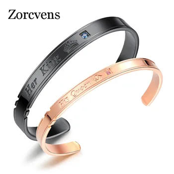 

ZORCVENS Her King and His Queen Bracelets Bangles for Women and Men Rose Gold Color Stainless Steel Bangles for Couple Jewelry