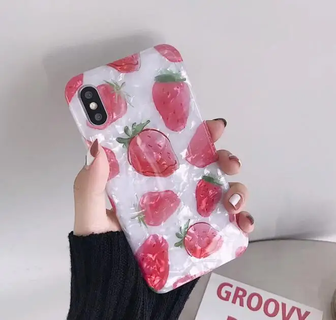 

Sweet Strawberry Glossy Case for Iphone Xs Max Xr Glitter Shell Fruit Case for Iphone 7 8plus 6s X Anti-knock Soft Tpu Cover