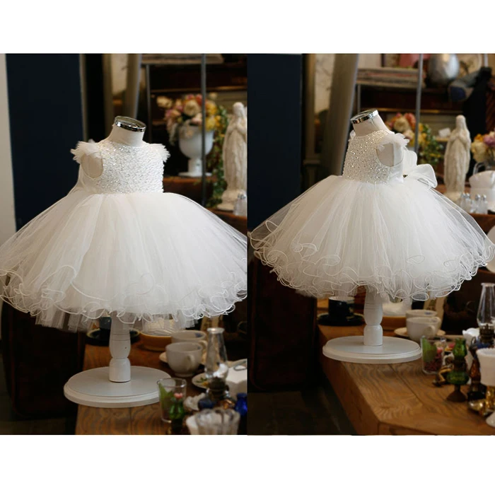 New Fashion Sequin Flower Girl Dress Party Wedding Princess White Tulle Toddler Baby Girls Baptism Christening 1st Birthday Gown