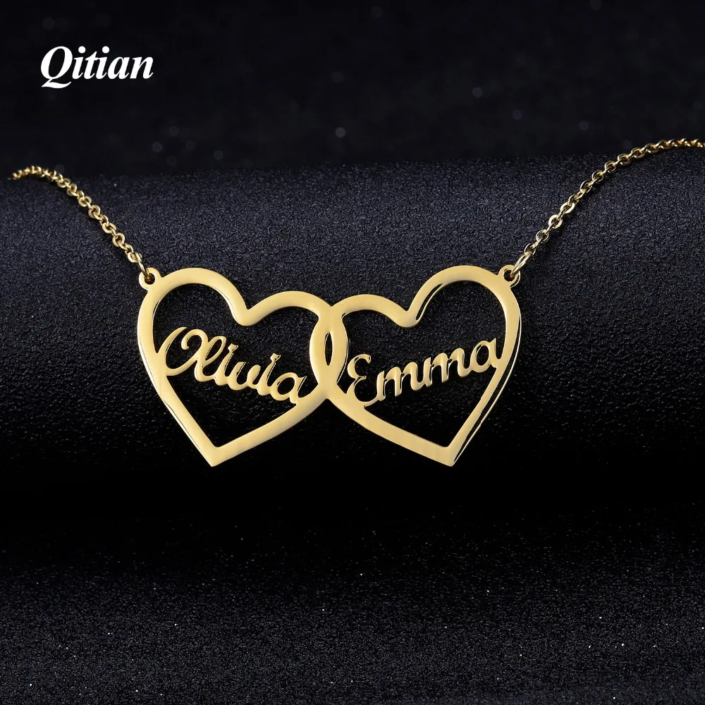 

Two Hearts Custom Necklaces Gold Stainless Steel Jewelry Personalized Couples Name Choker Mother's Day Gift For Women