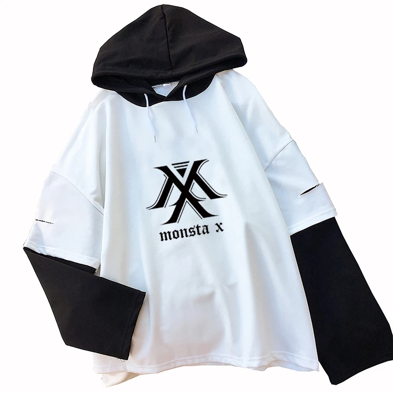 

New Fashion Harajuku Casual Women T Shirt Korean Kpop MONSTA X Tumblr Tshirt Famale Long Sleeve Fake Two Pieces Tops Tee Shirts