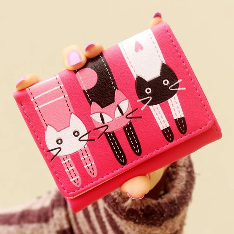 

Women Wallets Student Tri-Fold Wallet Cartoon Cute Cat Purse Ladies Short Three Cat Clips Small Fresh Children's Wallet Carteira