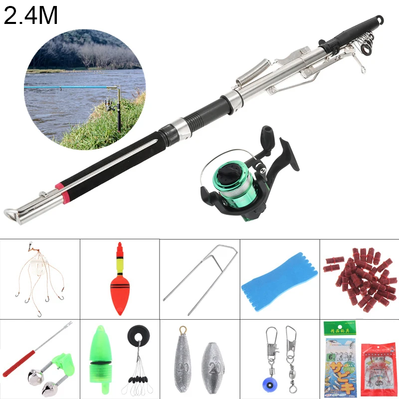 

2.4m Durable Automatic Fishing Rod Reel Line Combo Full Kits with Fishing Float Hooks Beads Bell Lead Weight Etc