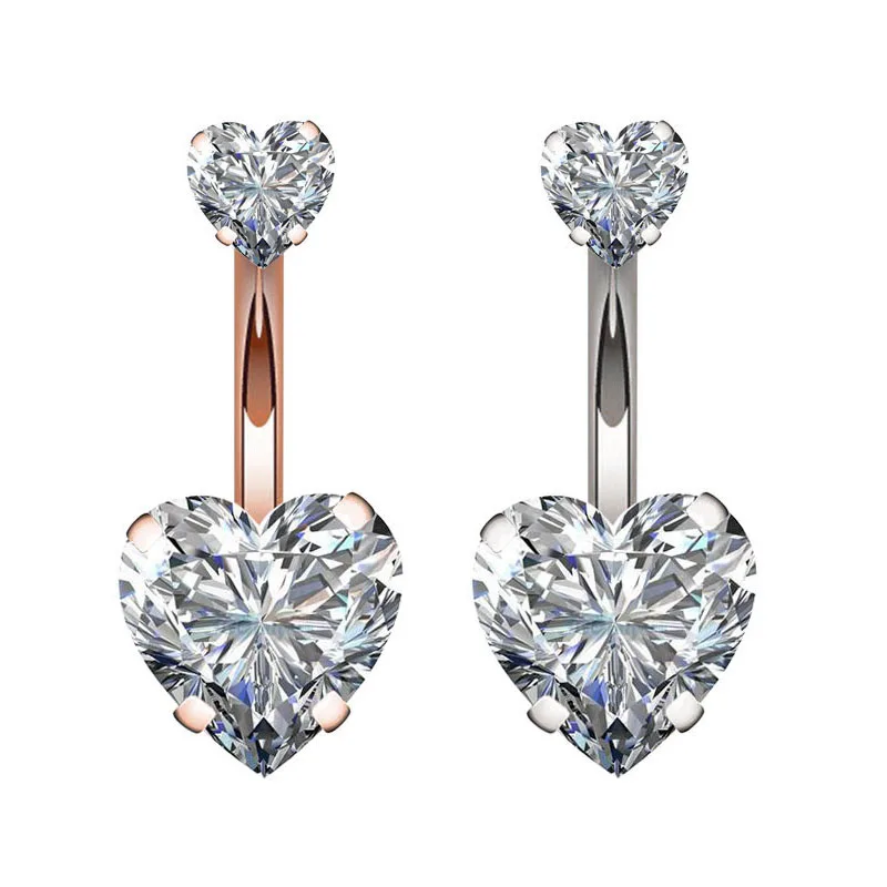 

High Brightness Double Heart Zircon Inner Thread Belly Button Ring 316L Steel Navel Ring Banana Body Jewelry Piercing Bar