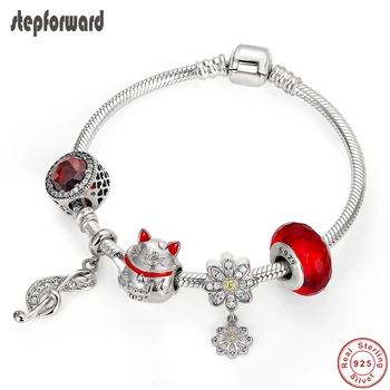 

STEP FORWARD 100% 925 Sterling Silver Fortune Cat Musical Note Daisy Charm Bracelets & Bangles For Woman Silver Jewelry WLB050