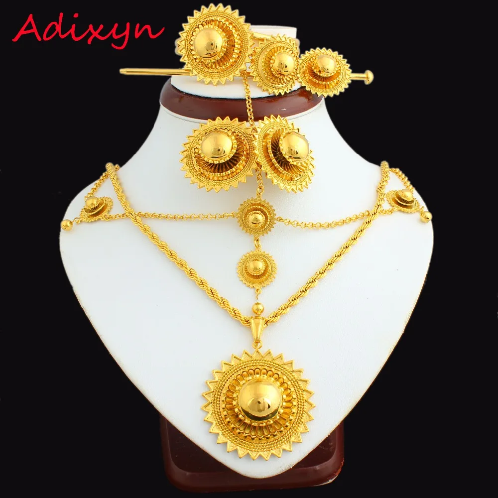 NEW Ethiopian Jewelry Set 24k Gold Color Hair Chain/Pendant /Chain/Earing/Ring/Hair pin/Bangle