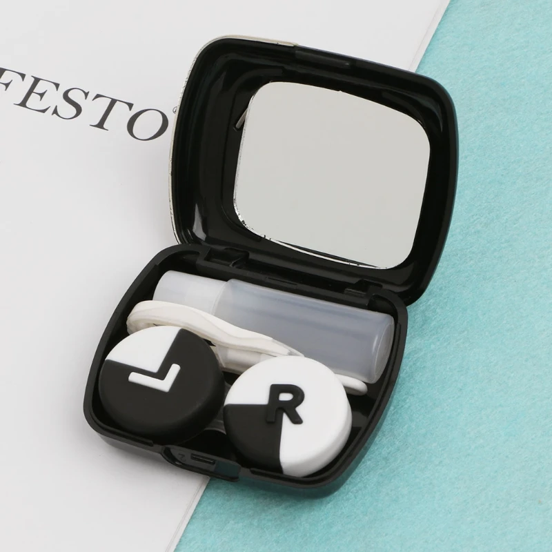 Fashion Contact Lens Box Care Patchwork Design Travel Portable Case With Mirror Storage Holder