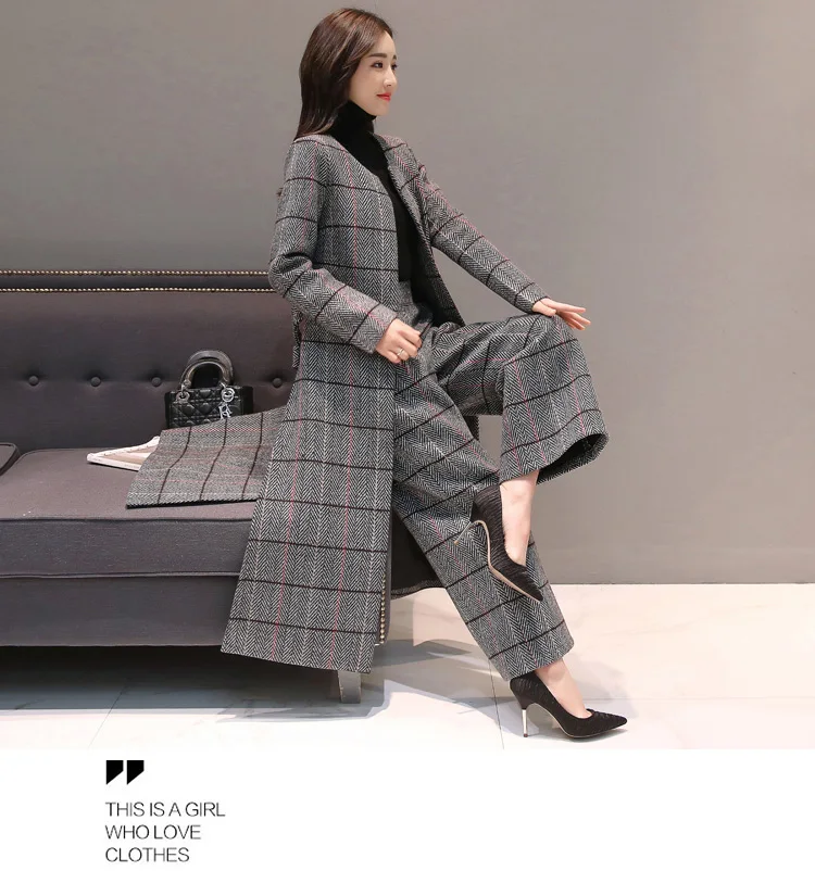 Knee Length Long Trench Coat and Wide Leg Trouser Autumn Winter Womens Casual Pantsuit Office Lady Plaid Two-piece Pants Suits