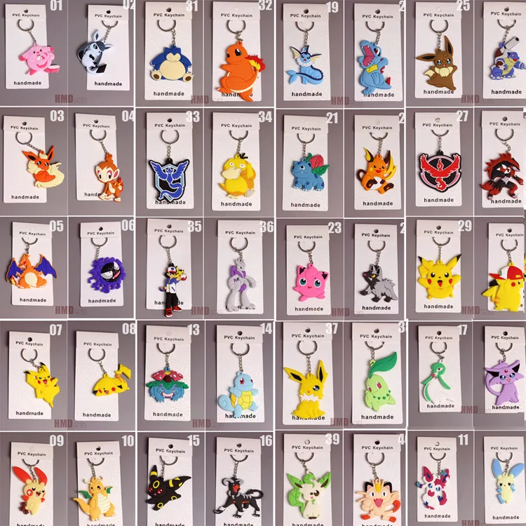 

ZOEBER 40 pcs a set Go Keychain Doll keyrings Cute Anime Pocket Monsterr Meowth Psyduck RAICHU Pendants Rubber Keyring