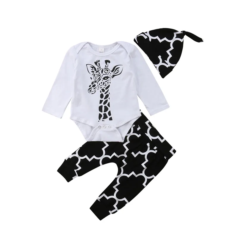 Одежда для новорожденных мальчиков; брюки с геометрическим рисунком; шапка с принтом животных; боди с длинными рукавами и круглым вырезом; 3 предмета; хлопковая детская одежда