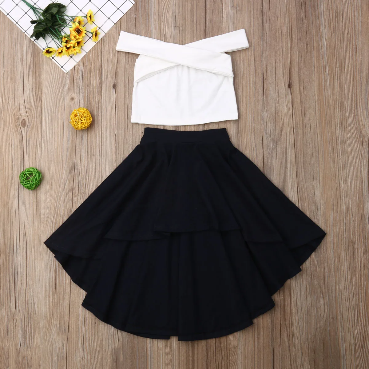 

Emmababy Summer Toddler Baby Girl Clothes Solid Color Off Shoulder Vest Tops Ruffle Skirt 2Pcs Outfits Clothes Summer