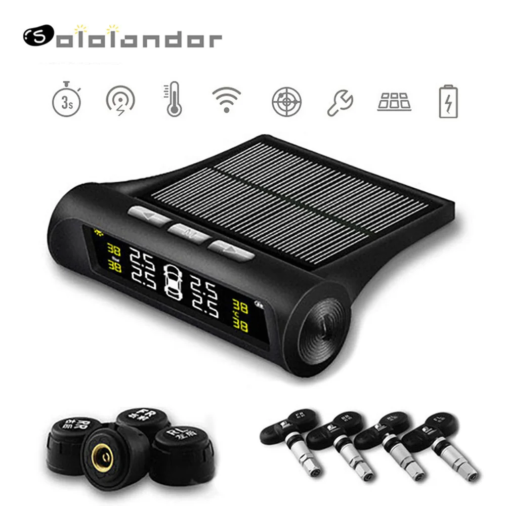 

Car TPMS Tire Pressure Monitoring System Solar Power HD Digital LCD Display Auto Voice Alarm tool Wireless 4 external Sensor