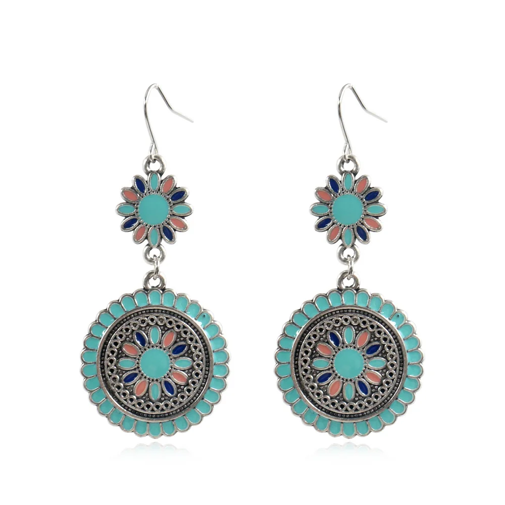 

New Zinc Alloy Dripping Oil Long Earrings Multicolor Sun Flower Bohemia Ethnic Hanging Dangle Drop Earrings for Women
