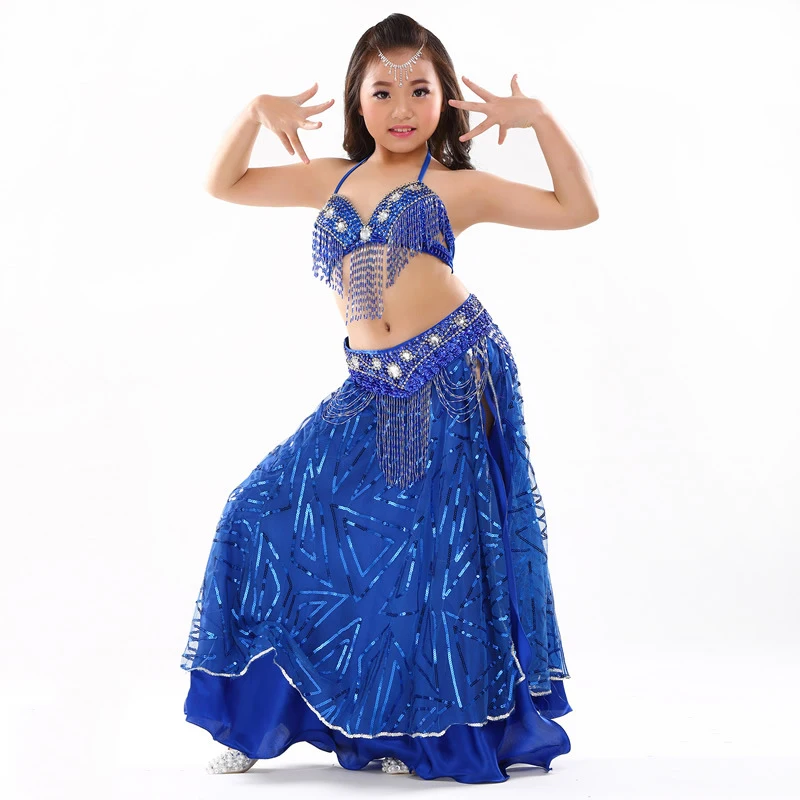 Royal blue Детские костюмы для танца живота для девочек, набор профессиональных танцев, бюстгальтер с украшением из бисера, пояс, юбка с блестками, Детский костюм для танцев выступлений - Цвет: Royal blue