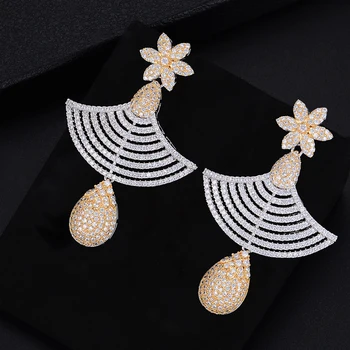 

61mm Fashion Flower Pierced Triangle Fans Hollow Drop Shape Full Cubic Zirconia Dangle Earings Women Wedding Bridal Jewelry